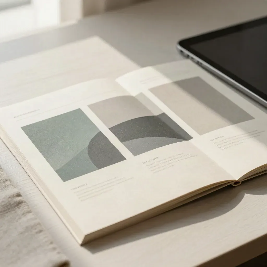 Maquette de page d’accueil sur papier crème, tablette fermée et cartes de contenu en éventail.