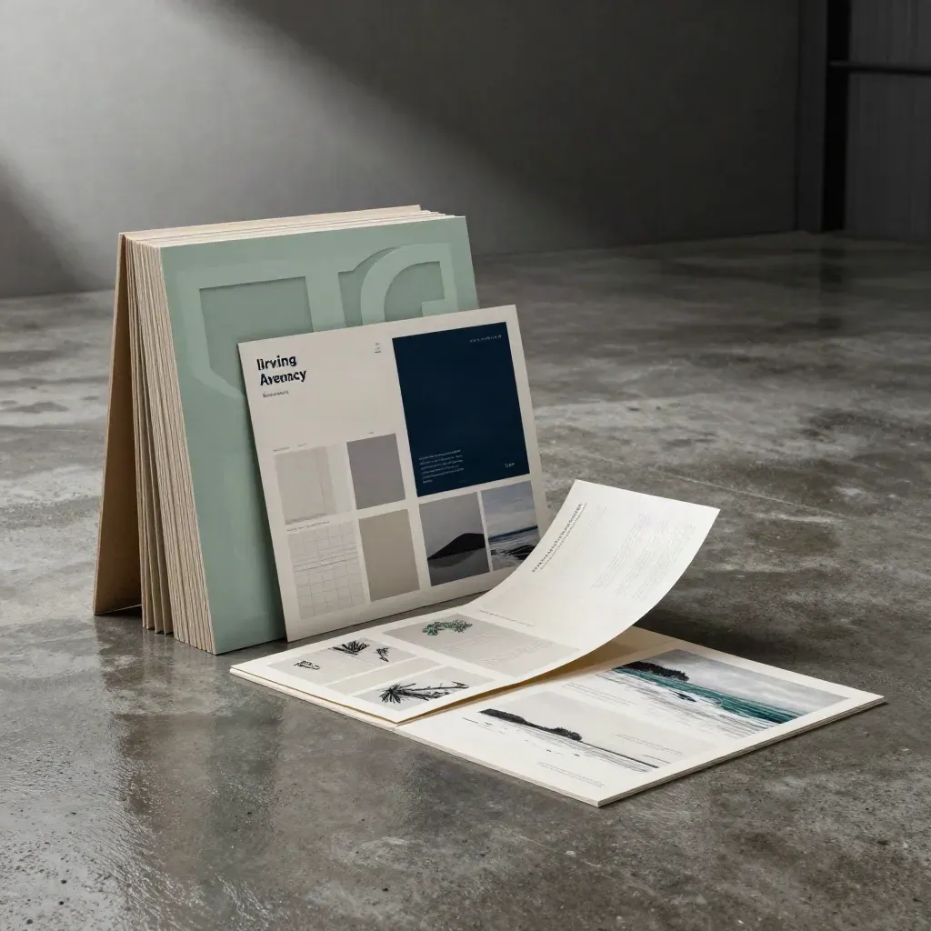 Kit de lancement d’agence sur sol humide, panneaux mousse, maquettes web et packagings dans la brume.