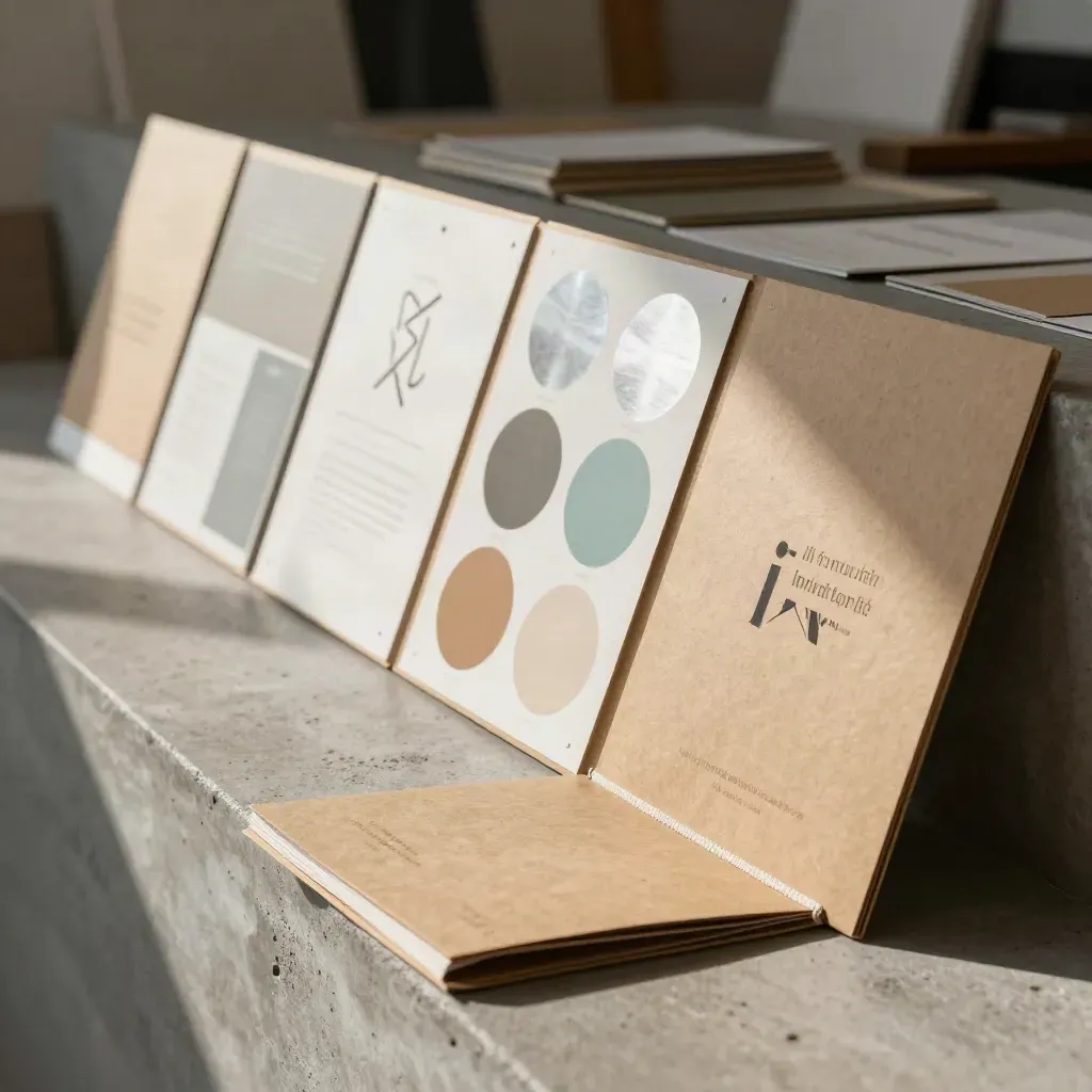 Moodboards d’identité de startup, dossiers kraft et nuanciers alignés en atelier.