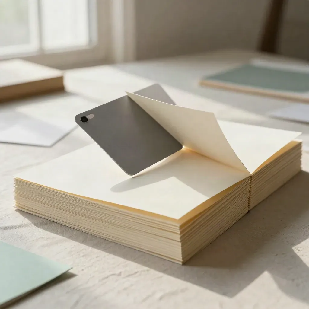 Maquette de page en trois blocs avec livret plié et téléphone factice sur table crème.