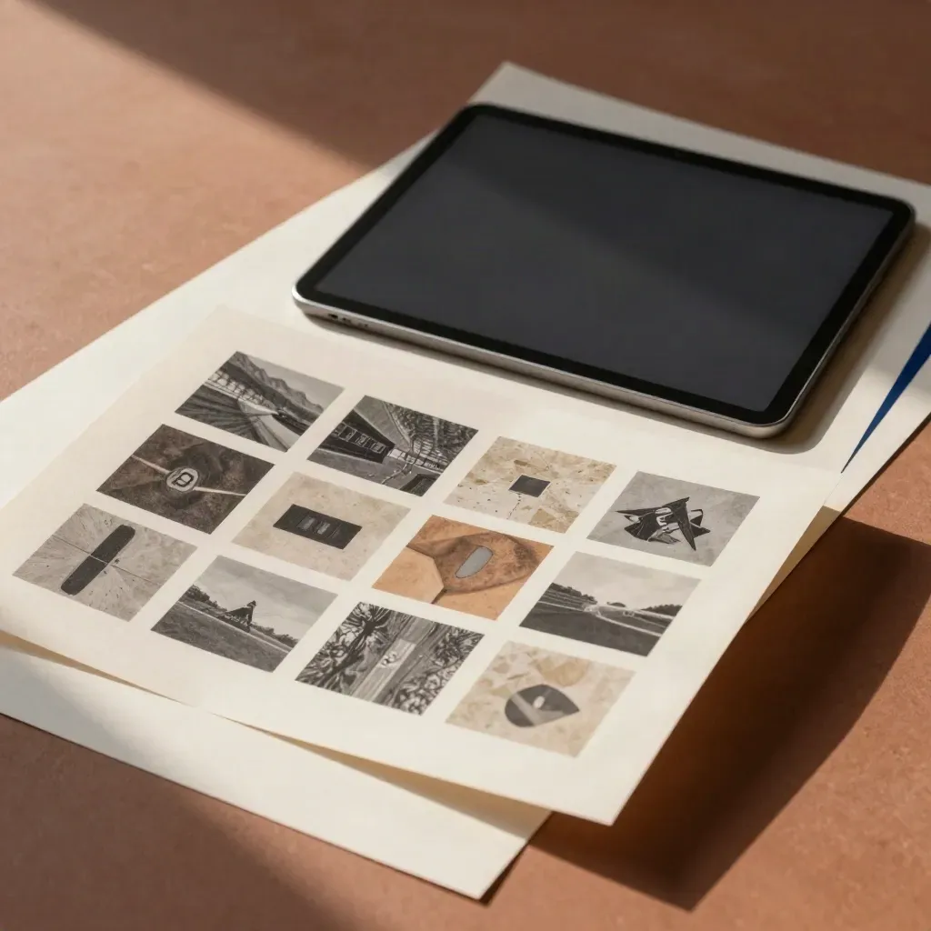 Tablette et vignettes imprimées en grille, dernier carré posé sur une surface terracotta.