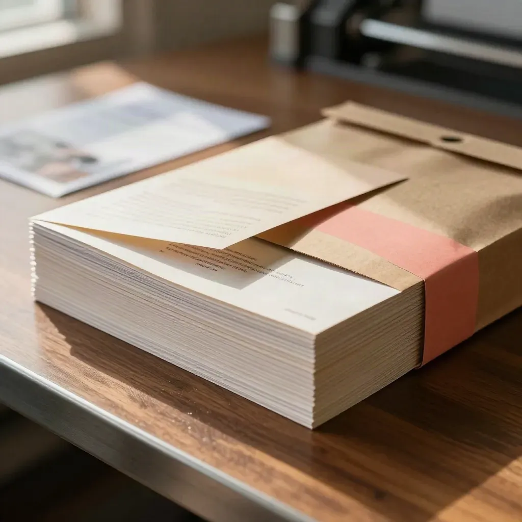 Pli de brochures fraîchement imprimées sur une table d’impression, avec une pochette carton.