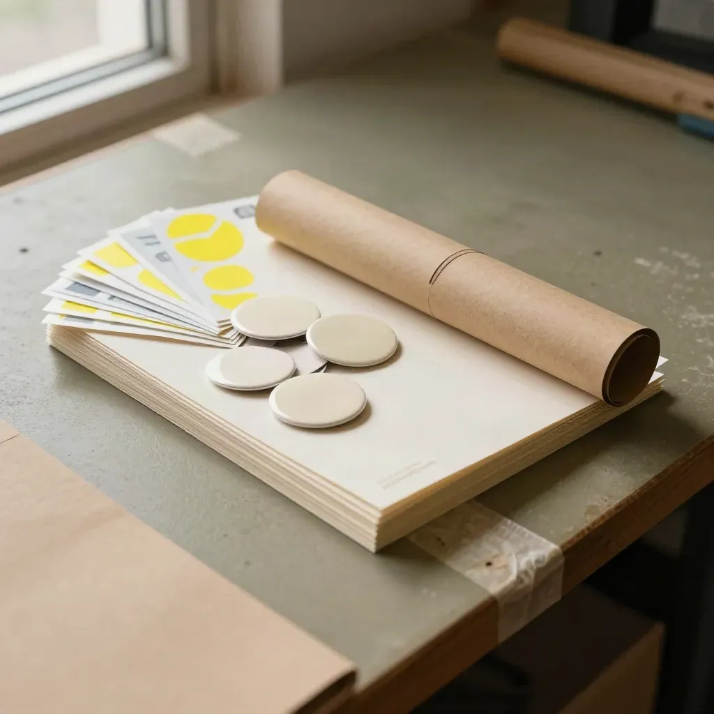 Kit événement avec badges, stickers et tubes d’invitation sur une table d’atelier.