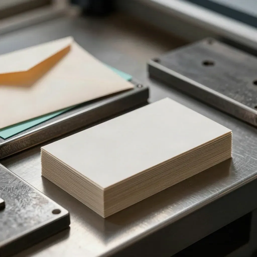 Pile de cartes de visite gaufrées, plaques de gaufrage et enveloppe doublée dans une lumière d’atelier