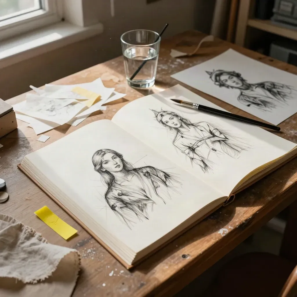 Carnet d’illustration ouvert, esquisses à l’encre et verre d’eau avec pinceau sur table d’atelier.