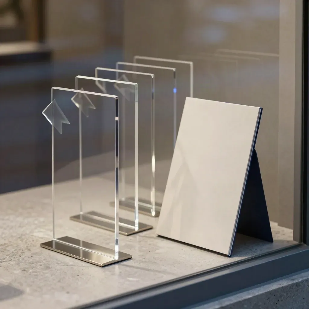 Échantillons de signalétique boutique en acrylique près d’une vitrine au crépuscule.