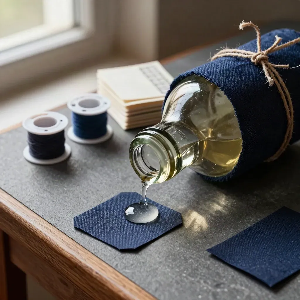 Bouteille d’essai enveloppée, étiquettes d’artisan et ficelle sur un établi sombre.