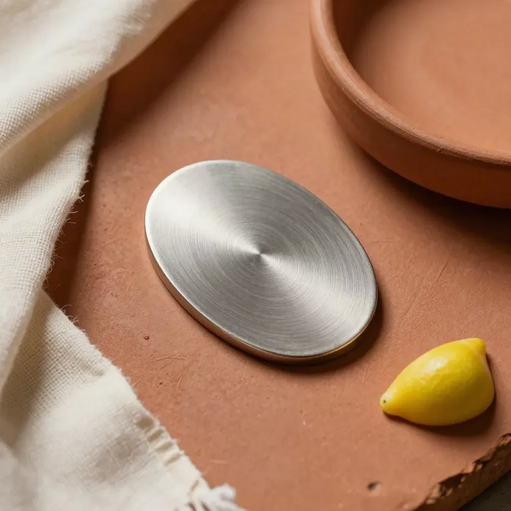 Jeton métal brossé sur dalle terracotta, linge crème et accent jaune citron.