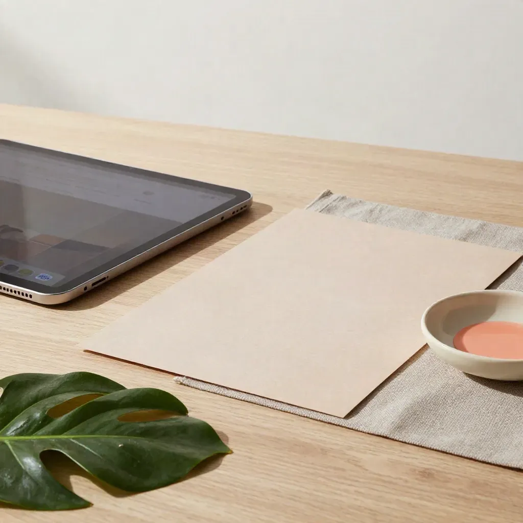 Tablette compacte, épreuve papier et feuille de plante sur bois pâle, lumière douce.