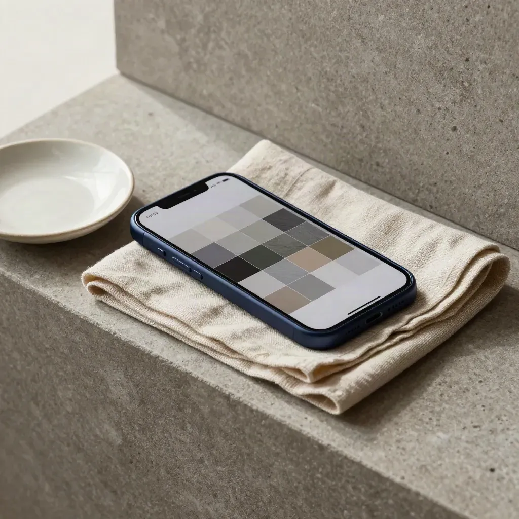 Smartphone, linge de lin et coupelle en céramique sur une étagère en pierre.