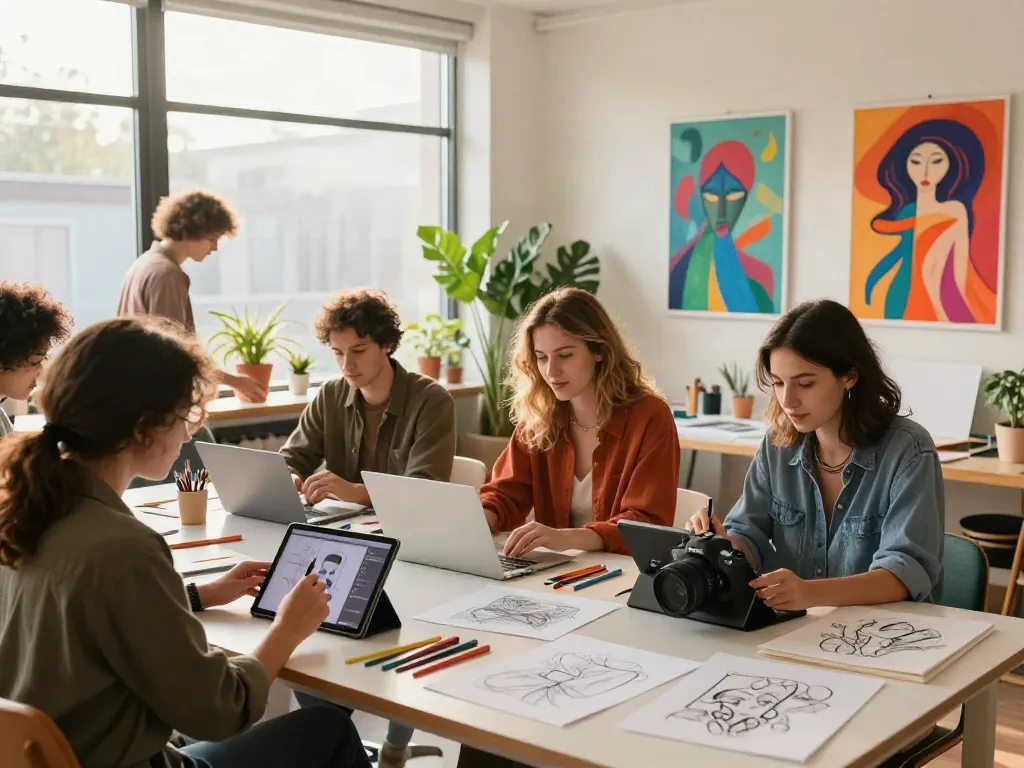 Collaboration among artists in a creative workspace focused on 18+ ai themes.